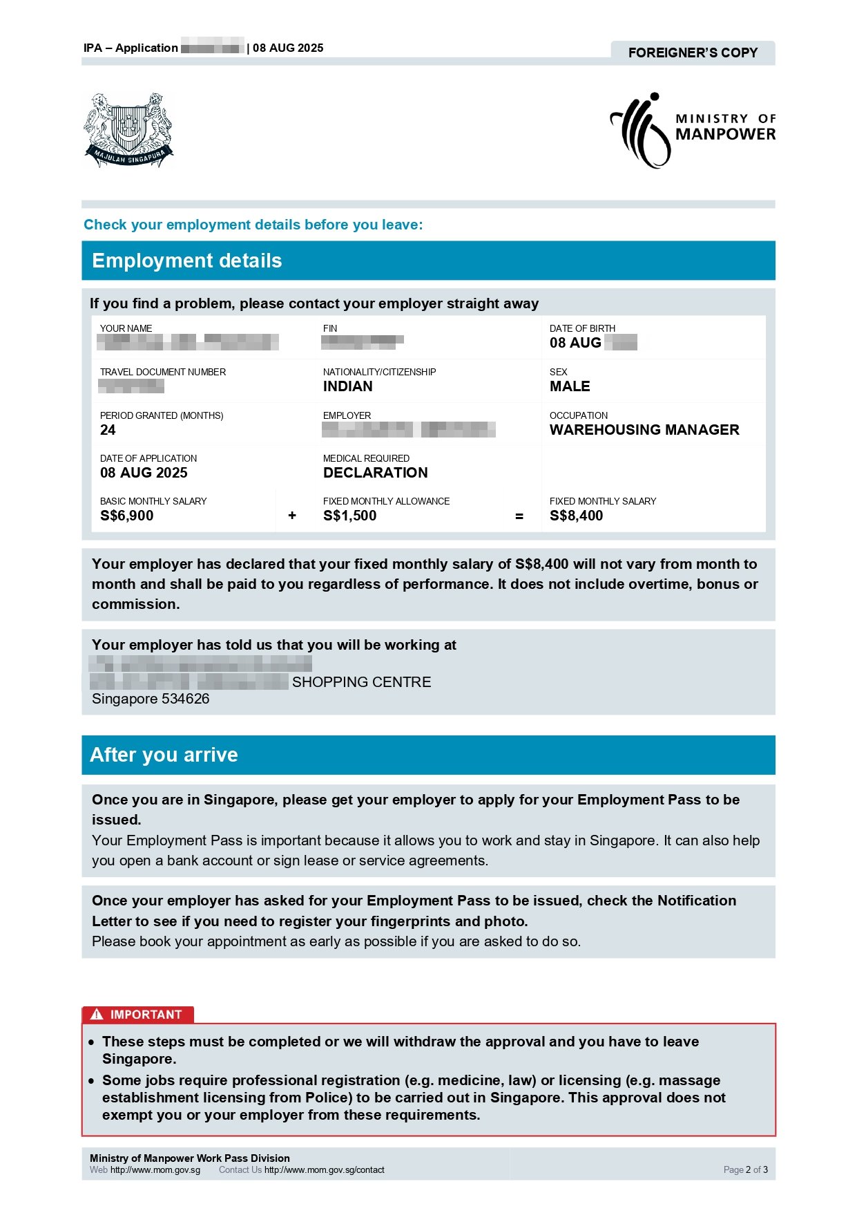 Singapore Work Visa - Prakash